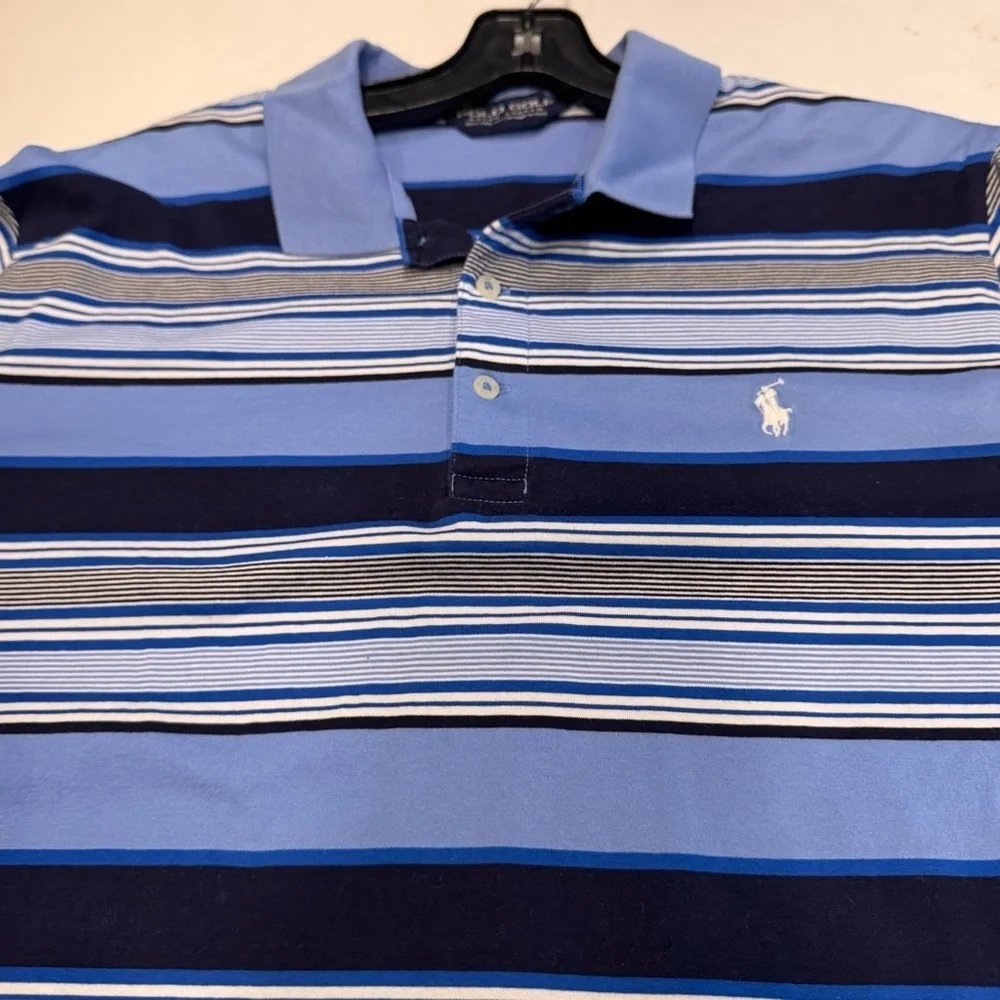 RALPH LAUREN POLO GOLF Mens Polo Shirt Blue, White, gray Stripe Sz L